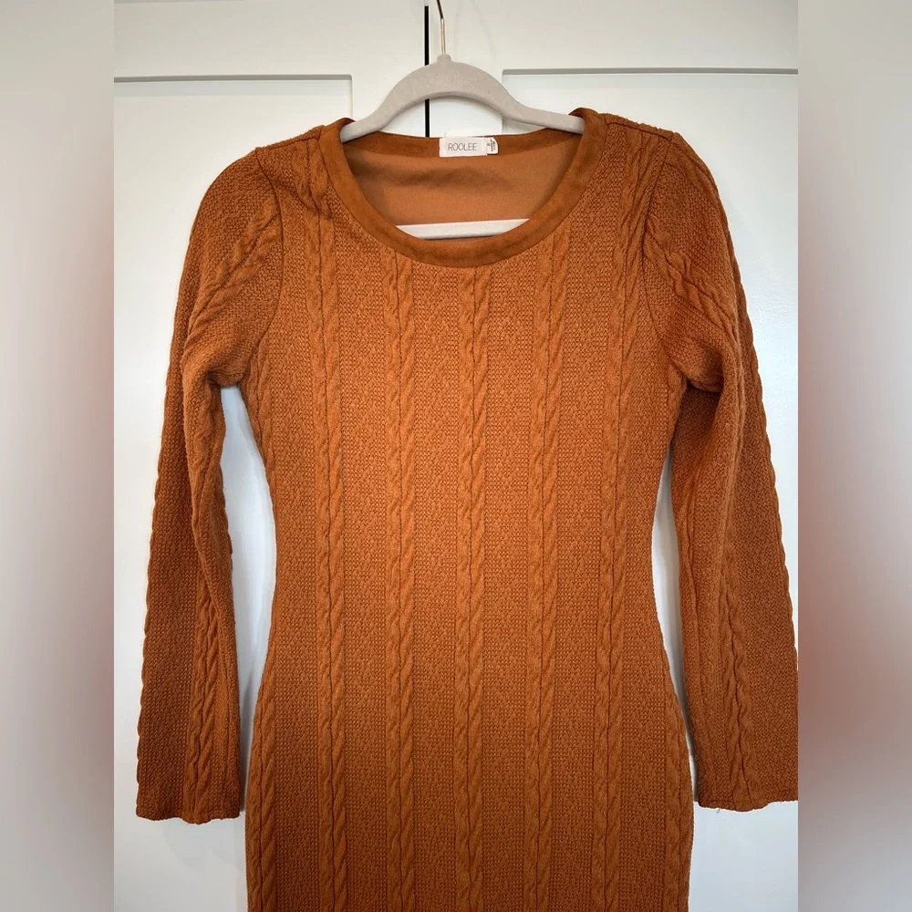 Roolee Rust Orange Cable Knit Sweater Dress Long Sleeve | Small